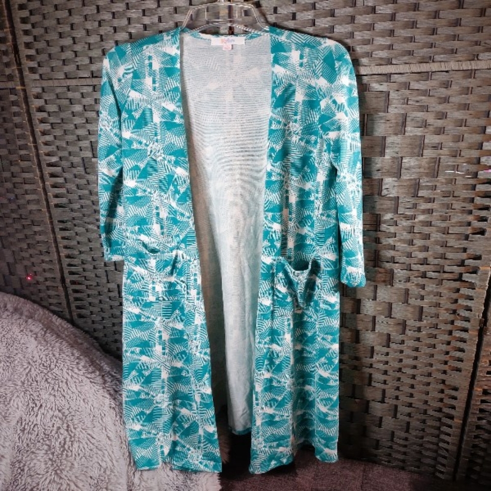 Teal Blue and White Graphic Full Length LS Cardigan Duster NWT